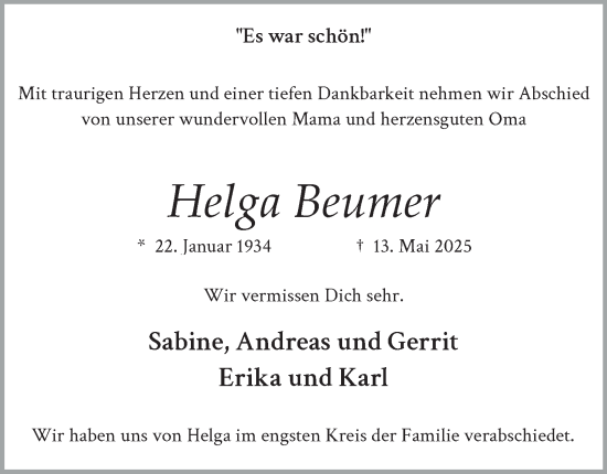 Traueranzeige von Helga Beumer von Tageszeitung
