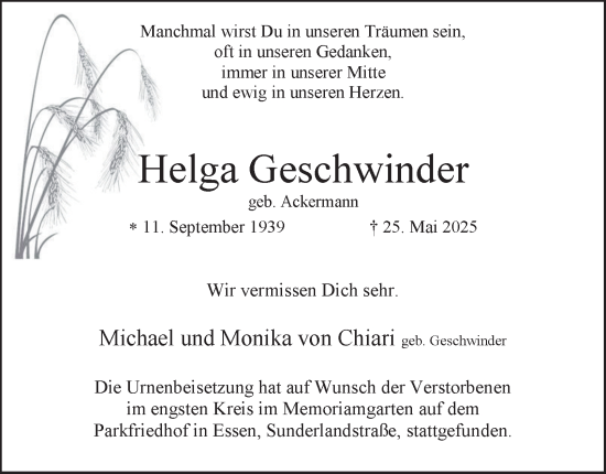 Traueranzeige von Helga Geschwinder von Tageszeitung