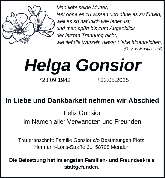 Traueranzeige von Helga Gonsior von Tageszeitung