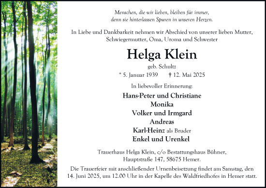 Traueranzeige von Helga Klein von Tageszeitung
