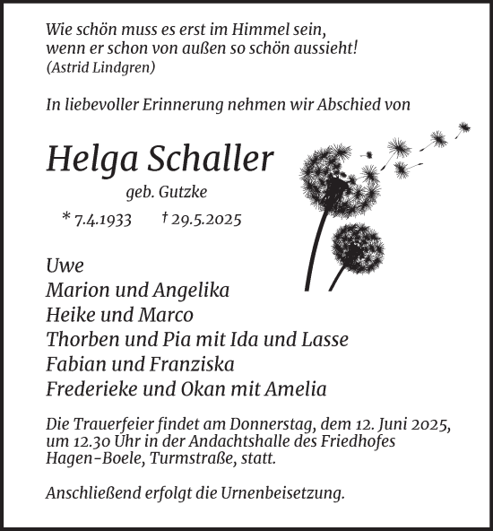Traueranzeige von Helga Schaller von Tageszeitung