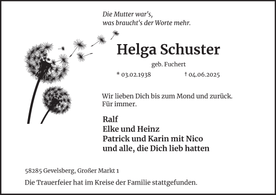 Traueranzeige von Helga Schuster von Tageszeitung