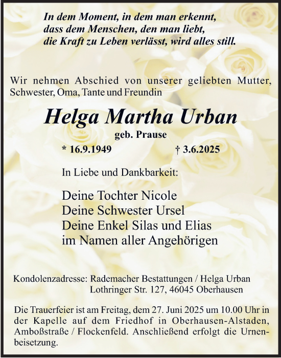 Traueranzeige von Helga Martha Urban von Tageszeitung