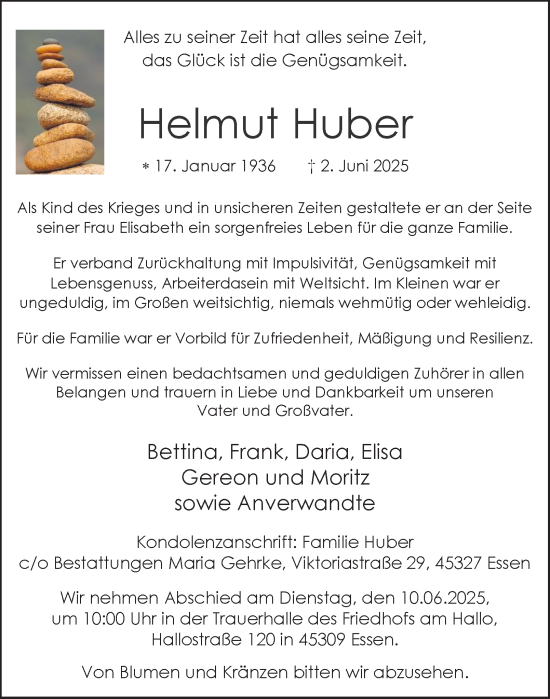 Traueranzeige von Helmut Huber von Tageszeitung