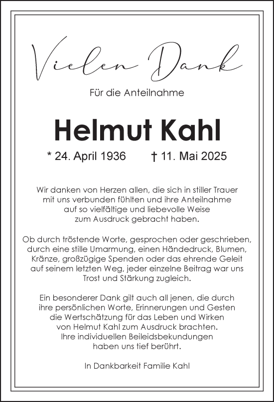 Traueranzeige von Helmut Kahl von Tageszeitung