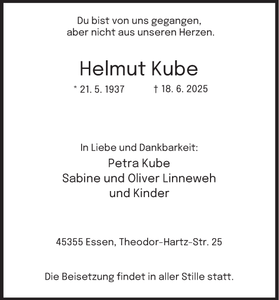 Traueranzeige von Helmut Kube von Tageszeitung
