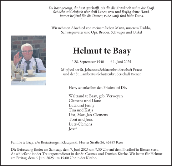 Traueranzeige von Helmut te Baay von Tageszeitung