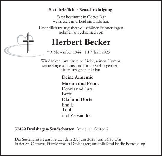 Traueranzeige von Herbert Becker von Tageszeitung