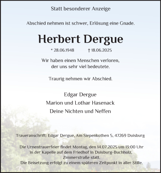 Traueranzeige von Herbert Dergue von Tageszeitung