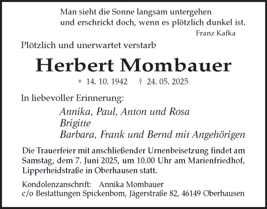 Traueranzeige von Herbert Mombauer von Tageszeitung