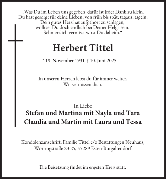 Traueranzeige von Herbert Tittel von Tageszeitung