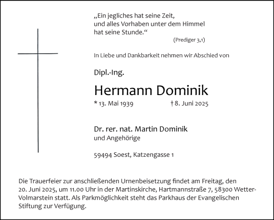 Traueranzeige von Hermann Dominik von Tageszeitung