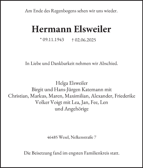 Traueranzeige von Hermann Elsweiler von Tageszeitung