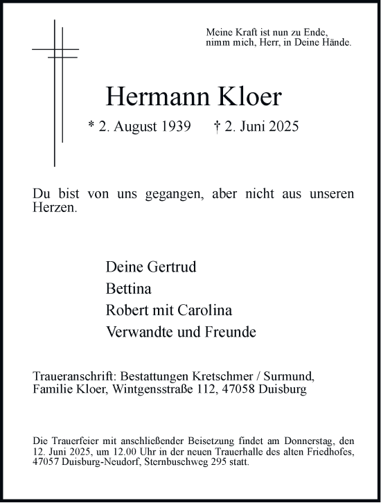 Traueranzeige von Hermann Kloer von Tageszeitung