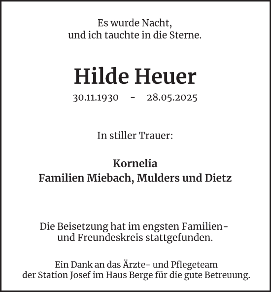 Traueranzeige von Hilde Heuer von Tageszeitung