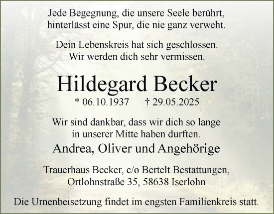 Traueranzeige von Hildegard Becker von Tageszeitung