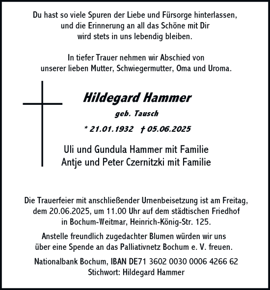 Traueranzeige von Hildegard Hammer von Tageszeitung