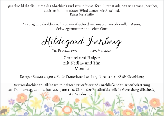 Traueranzeige von Hildegard Isenberg von Tageszeitung