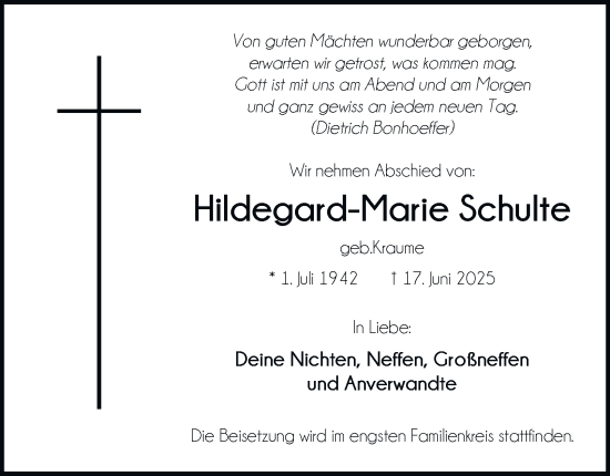 Traueranzeige von Hildegard-Marie Schulte von Tageszeitung