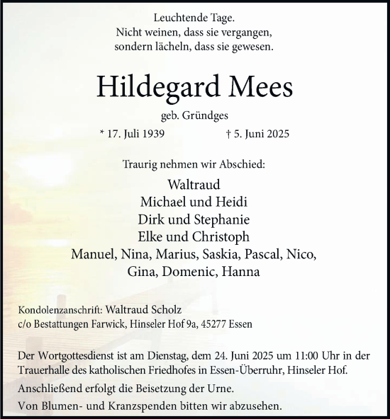 Traueranzeige von Hildegard Mees von Tageszeitung