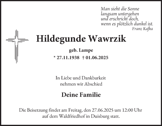 Traueranzeige von Hildegunde Wawrzik von Tageszeitung