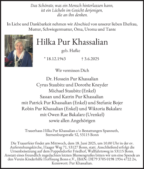 Traueranzeige von Hilka Pur Khassalian von Tageszeitung