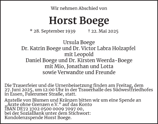 Traueranzeige von Horst Boege von Tageszeitung