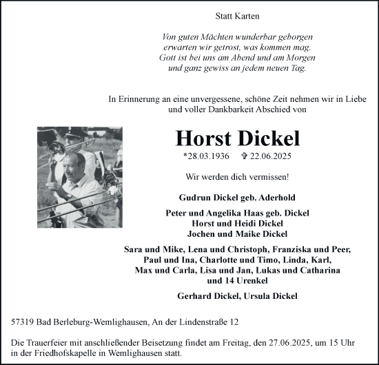 Traueranzeige von Horst Dickel von Tageszeitung