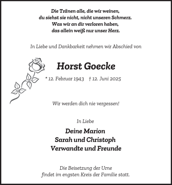 Traueranzeige von Horst Goecke von Tageszeitung