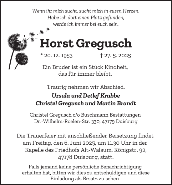 Traueranzeige von Horst Gregusch von Tageszeitung