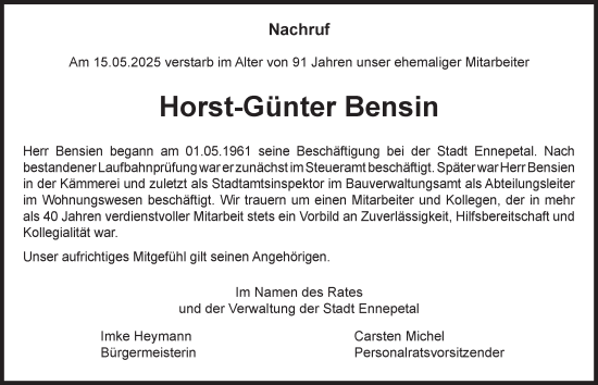 Traueranzeige von Horst-Günter Bensin von Tageszeitung