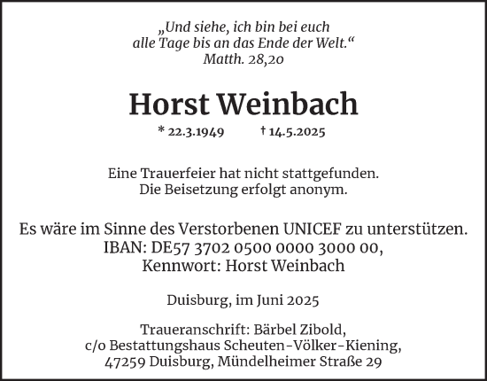 Traueranzeige von Horst Weinbach von Tageszeitung