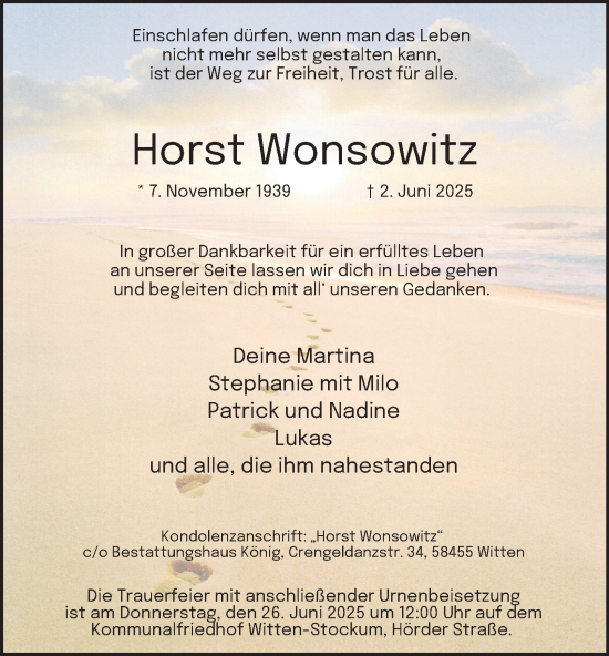 Traueranzeige von Horst Wonsowitz von Tageszeitung