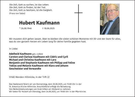 Traueranzeige von Hubert Kaufmann von Tageszeitung