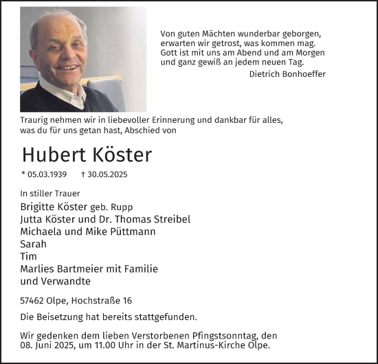Traueranzeige von Hubert Köster von Tageszeitung