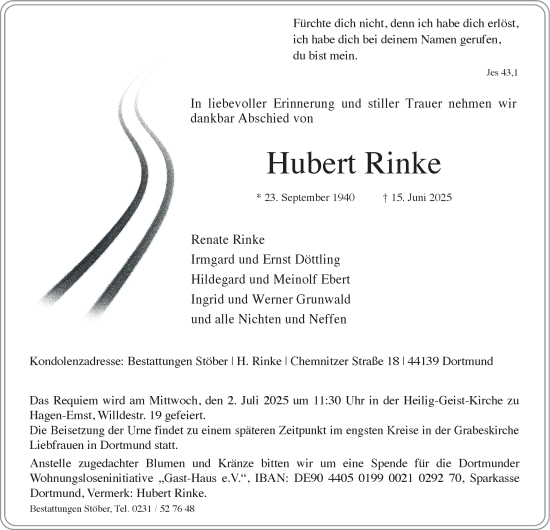 Traueranzeige von Hubert Rinke von Tageszeitung