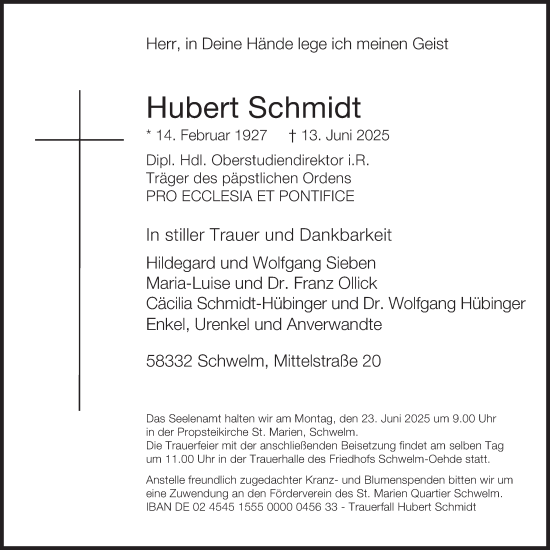 Traueranzeige von Hubert Schmidt von Tageszeitung