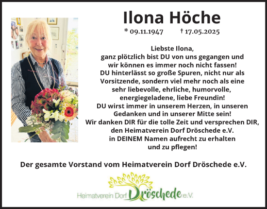 Traueranzeige von Ilona Höche von Tageszeitung