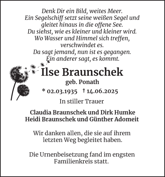 Traueranzeige von Ilse Braunschek von Tageszeitung