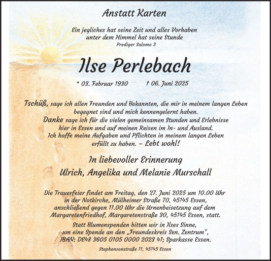 Traueranzeige von Ilse Perlebach von Tageszeitung