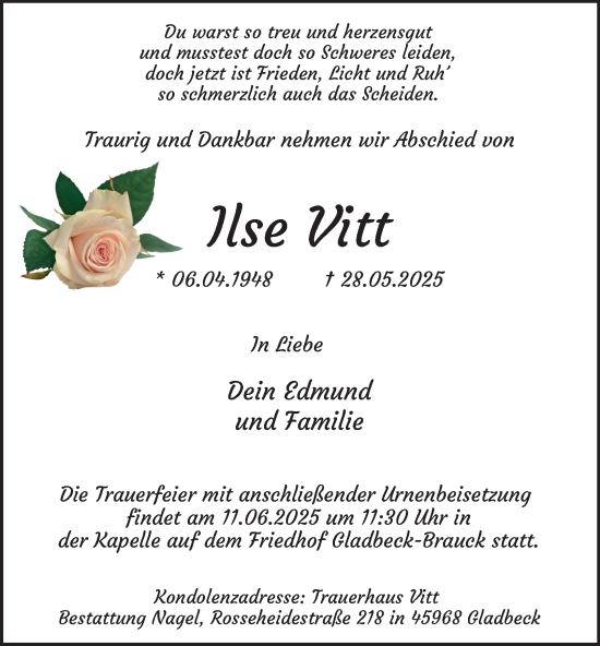 Traueranzeige von Ilse Vitt von Tageszeitung