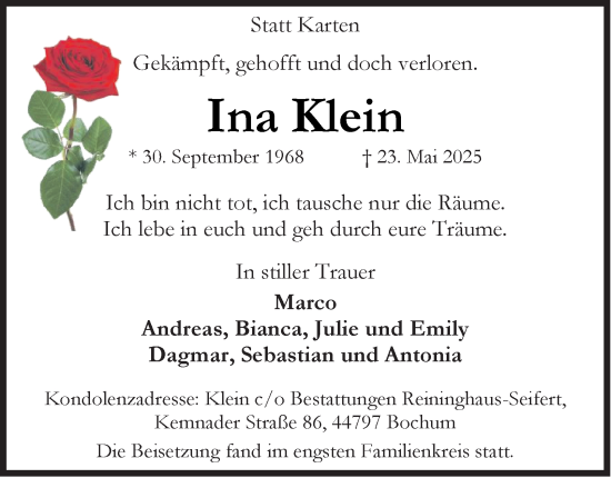 Traueranzeige von Ina Klein von Tageszeitung