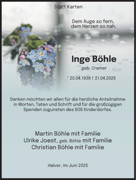 Traueranzeige von Inge Böhle von Tageszeitung