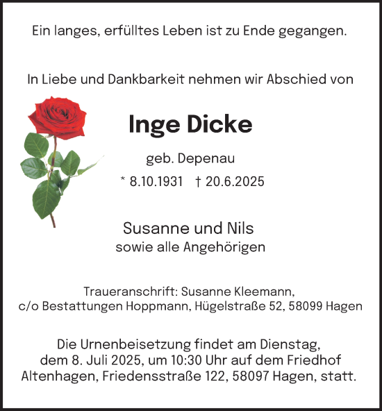 Traueranzeige von Inge Dicke von Tageszeitung