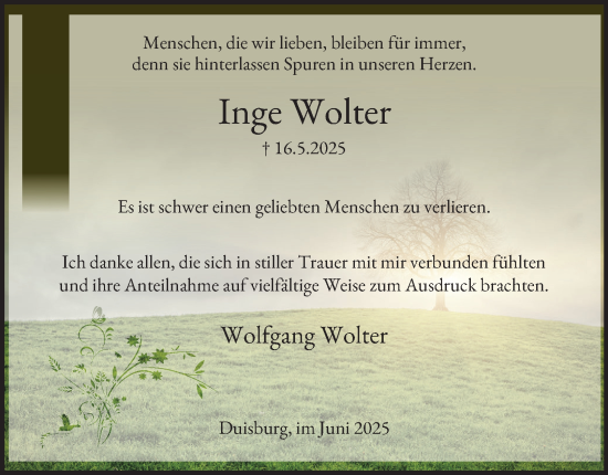 Traueranzeige von Inge Wolter von Tageszeitung