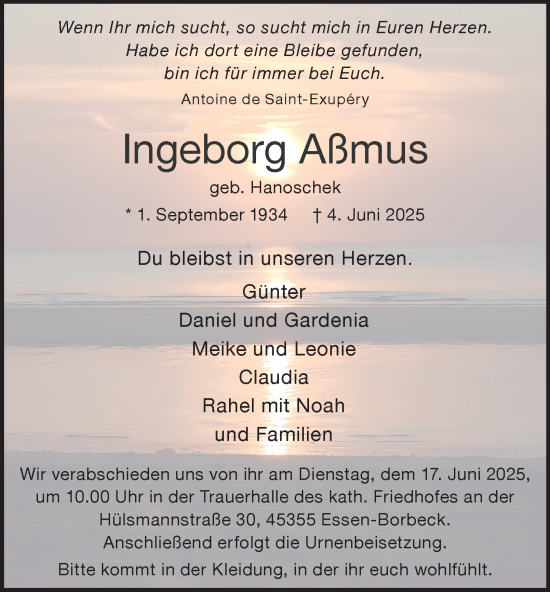 Traueranzeige von Ingeborg Aßmus von Tageszeitung