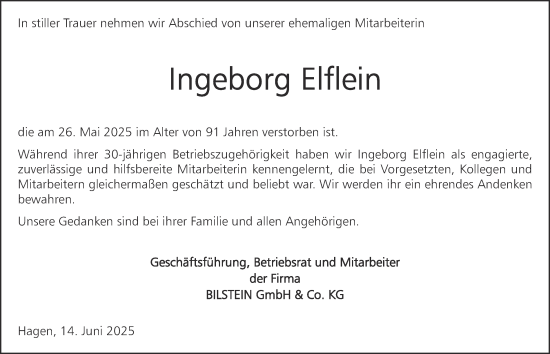 Traueranzeige von Ingeborg Elflein von Tageszeitung