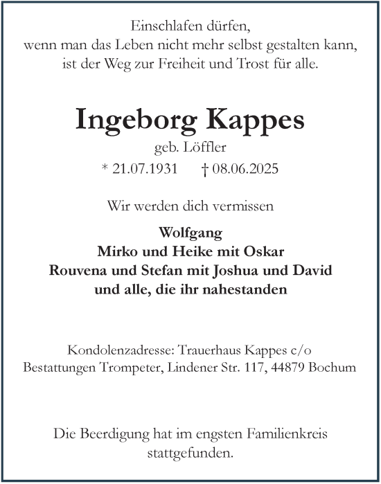 Traueranzeige von Ingeborg Kappes von Tageszeitung