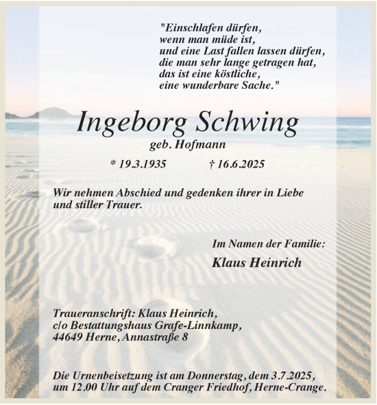 Traueranzeige von Ingeborg Schwing von Tageszeitung