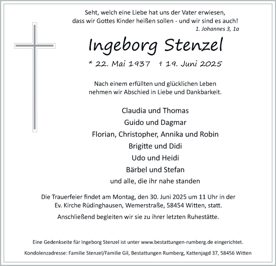 Traueranzeige von Ingeborg Stenzel von Tageszeitung